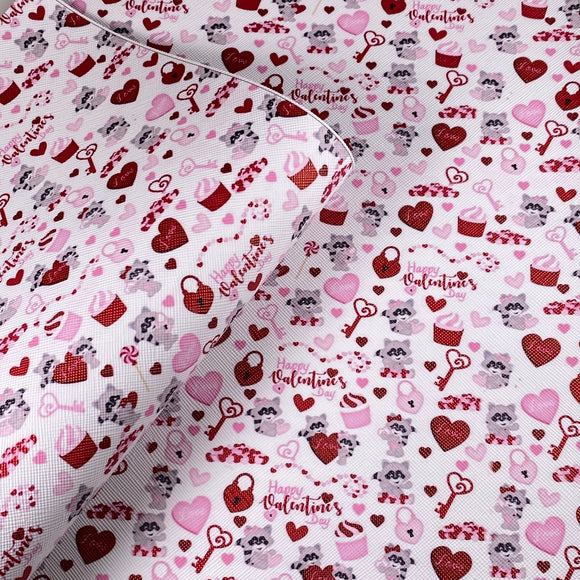 Valentine Raccoon Heart Mix Print Leatherette