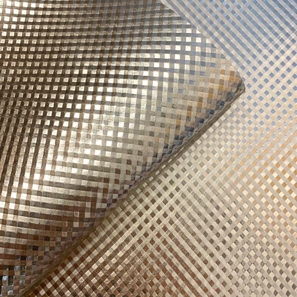 Metallic Light Gold Embossed Gingham Checker Leatherette